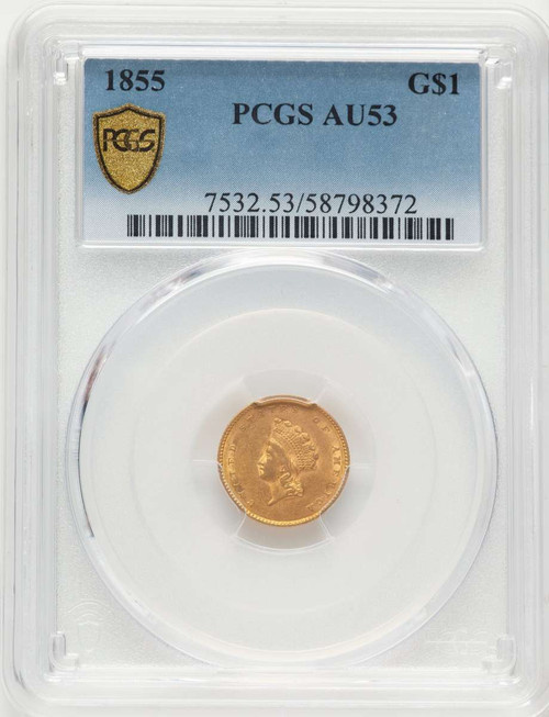 1855 G$1 Gold Dollar Coin PCGS AU53   Type Two coin front image