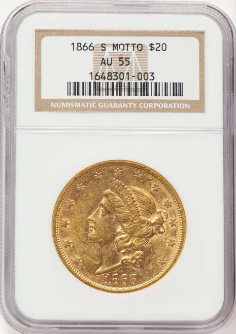 1866-S $20 Liberty Gold Double Eagle NGC AU55   Motto coin front image