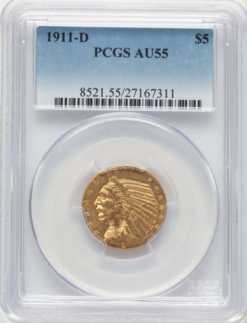 1911-D $5 Indian Gold Half Eagle Coin PCGS AU55 coin front image