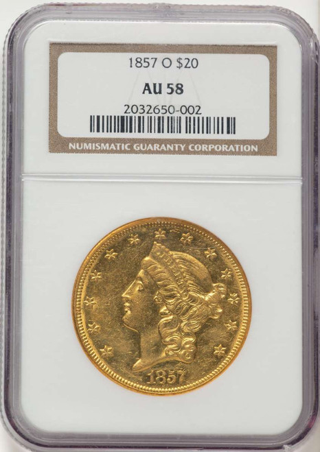 1857-O $20 Liberty Gold Double Eagle NGC AU58 coin front image