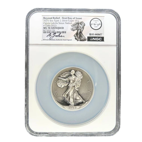  2025 5 oz Silver Eagle "Beyond Relief" NGC MS70 Antiqued FDI Gaudioso Signed 