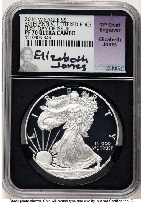 2016-W S$1 Proof American Silver Eagle Coin NGC PF70 UCAM - Lettered Edge - 30th Anniversary coin front image