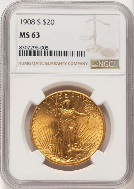 1908-S $20 Saint Gaudens Double Eagle NGC MS63 coin front image