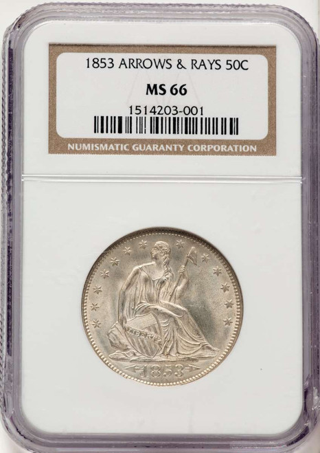 1853 50C Seated Half Dollar Coin NGC MS66   Arrows and Rays coin front image
