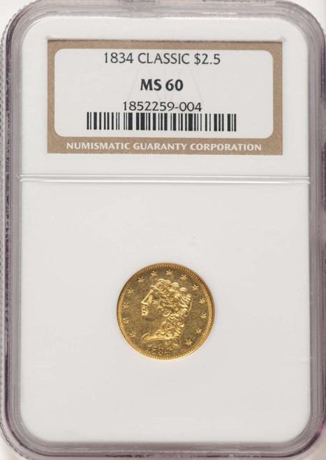 1834 $2.5 Classic Gold Quarter Eagle Coin	 NGC MS60 coin front image