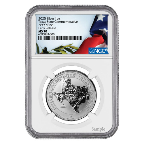 2025 1 oz Silver Texas State Commemorative Coin NGC MS70 Early Release