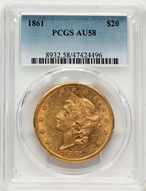 1861 $20 Liberty Gold Double Eagle PCGS AU58 coin front image