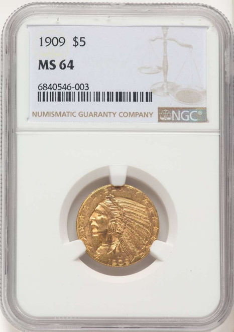 1909 $5 Indian Gold Half Eagle Coin NGC MS64 coin front image