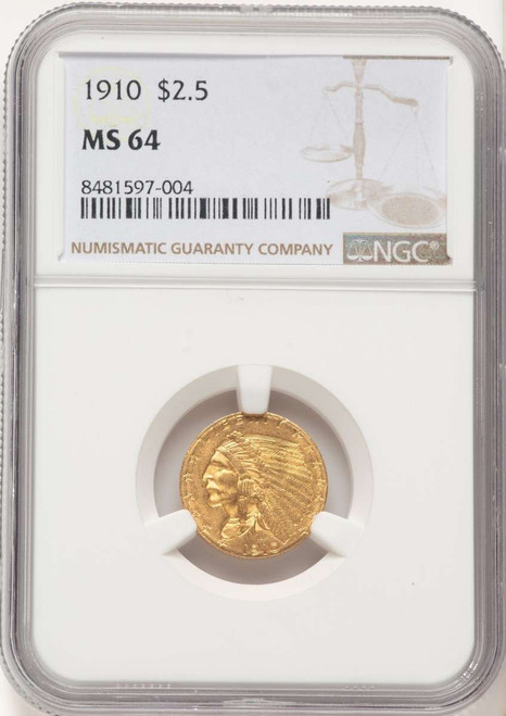 1910 $2.5 Indian Gold Quarter Eagle Coin NGC MS64 coin front image