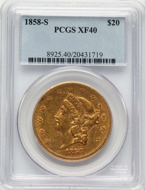 1858-S $20 Liberty Gold Double Eagle PCGS XF40 coin front image
