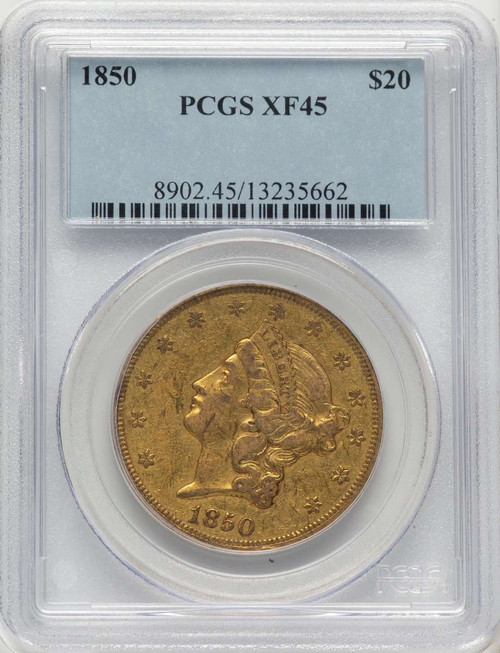 1850 $20 Liberty Gold Double Eagle PCGS XF45 coin front image