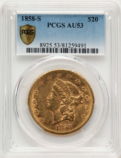 1858-S $20 Liberty Gold Double Eagle PCGS AU53 coin front image