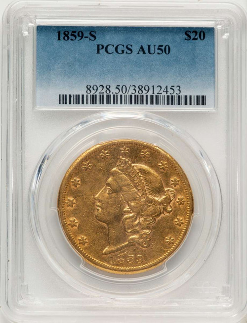 1859-S $20 Liberty Gold Double Eagle PCGS AU50 coin front image