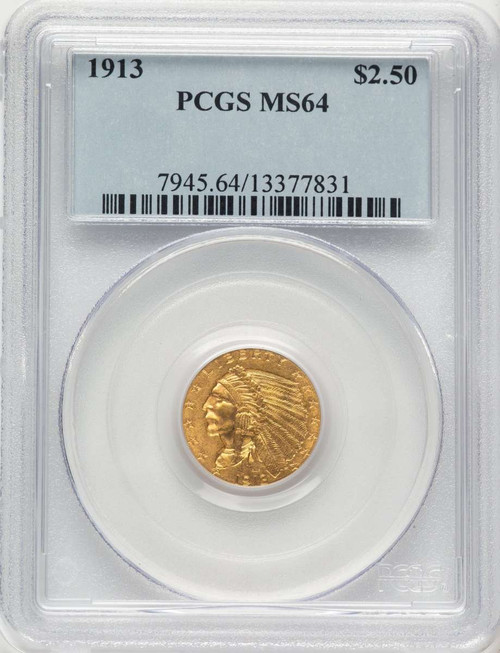 1913 $2.5 Indian Gold Quarter Eagle Coin PCGS MS64 coin front image