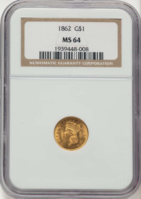 1862 G$1 Gold Dollar Coin NGC MS64 coin front image