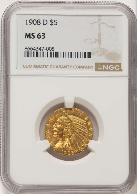Bullionshark 1908-D $5 Indian Gold Half Eagle Coin NGC MS63 - HAT787606038 