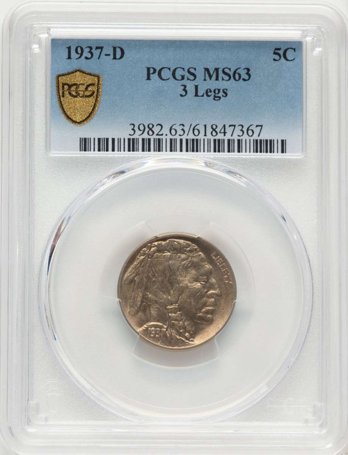 1937-D 5C Buffalo Nickel Coin PCGS MS63   Three-Legged coin front image