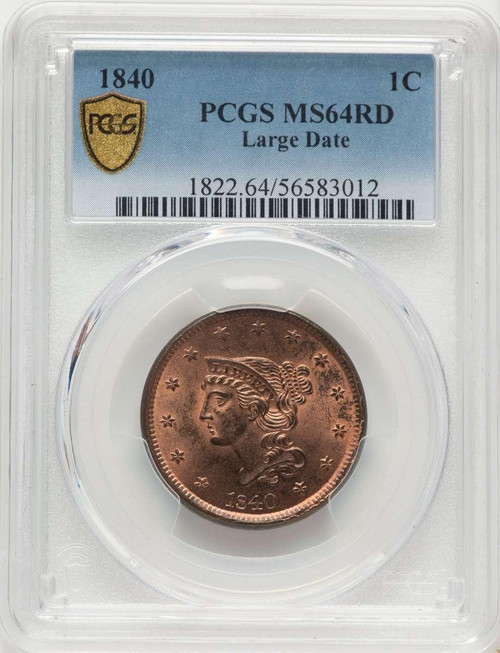 Bullionshark 1840 1C Large Cent Coin PCGS MS64   Large Date RD - HAT787535001 