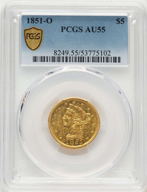1851-O $5 Liberty Gold Half Eagle Coin PCGS AU55 coin front image