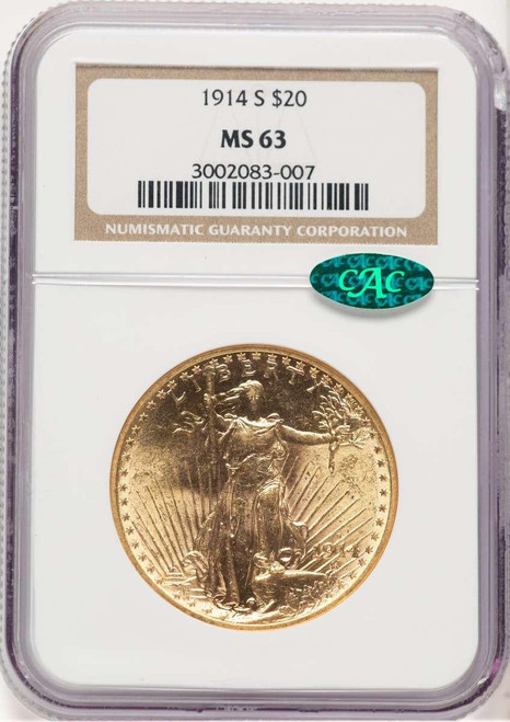 Bullionshark 1914-S $20 Saint Gaudens Double Eagle NGC MS63  CAC - HAT778032015 