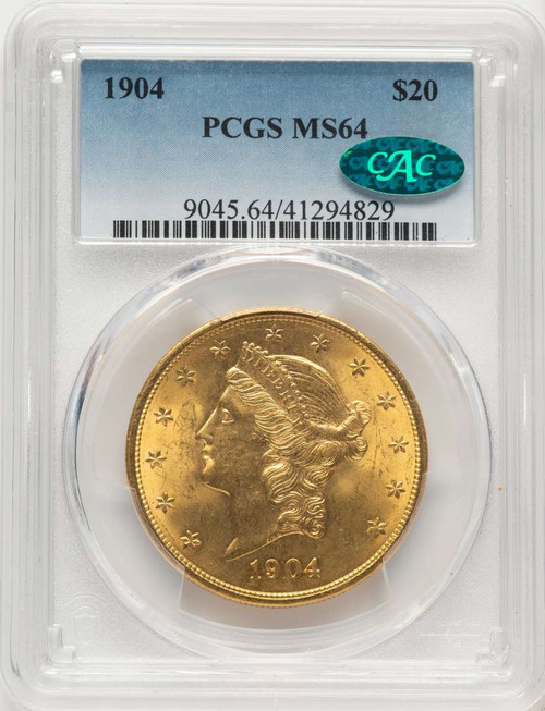 1904 $20 Liberty Gold Double Eagle PCGS MS64  CAC coin front image