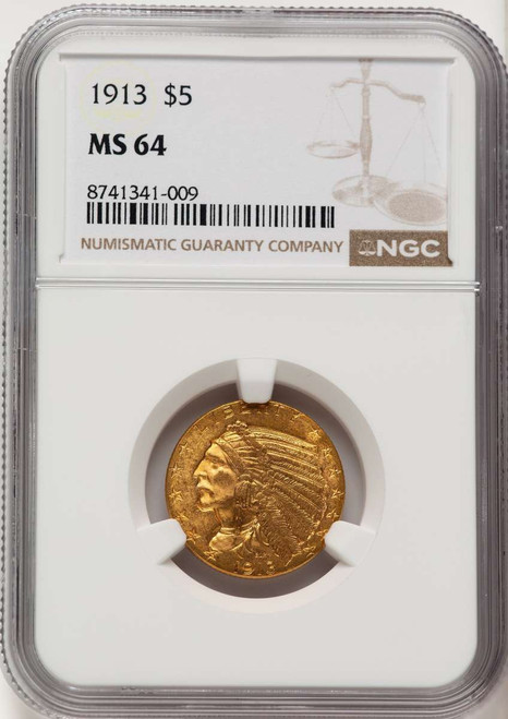 1913 $5 Indian Gold Half Eagle Coin NGC MS64 coin front image