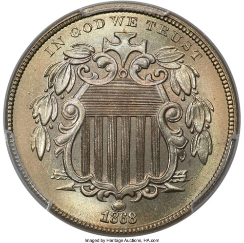 1868 5C Shield Nickel Coin PCGS MS67 coin front image