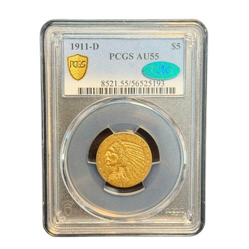 1911-D $5 Gold Indian Head Half Eagle PCGS AU55 CAC