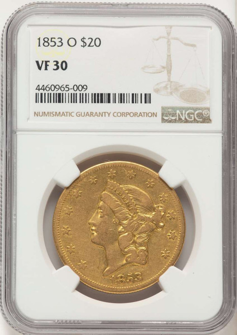 1853-O $20 Liberty Gold Double Eagle NGC VF30 coin front image