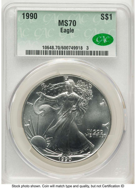 1990 S$1 American Silver Eagle Coin CACG MS70 coin front image