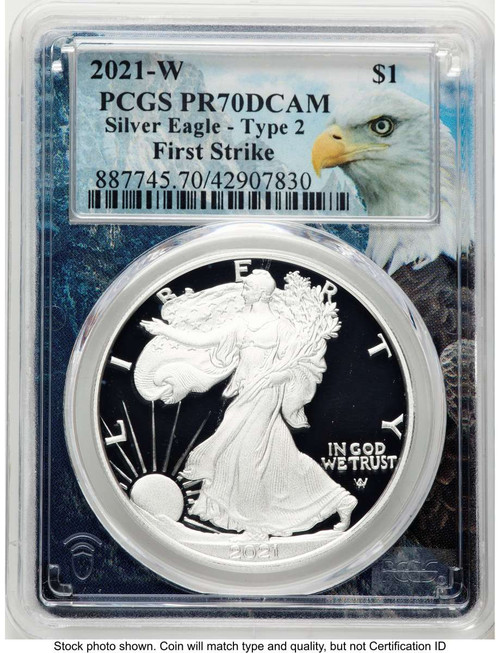 2021-W S$1 Proof American Silver Eagle Coin PCGS PR70 DCAM - Type Two coin front image