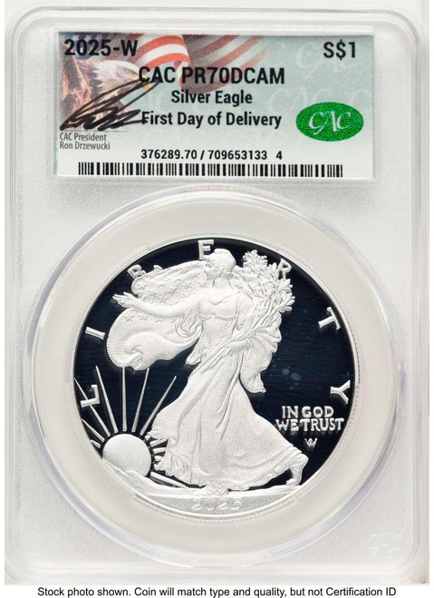 Bullionshark 2025-W $1 Proof American Silver Eagle Coin CACG PR70 DCAM - First Day of Issue - HAT774752070 