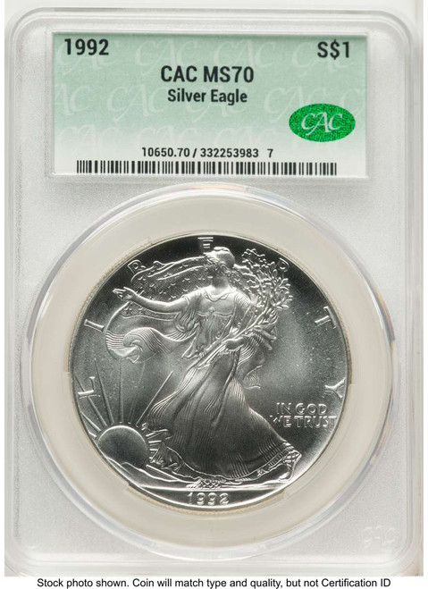 1992 S$1 American Silver Eagle Coin CACG MS70 coin front image