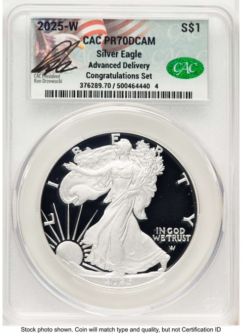 2025-W $1 Proof American Silver Eagle Coin CACG PR70 DCAM - Congratulations Set - Advanced Release coin front image