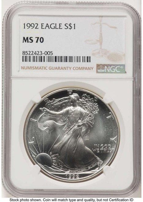 1992 S$1 American Silver Eagle Coin NGC MS70 coin front image