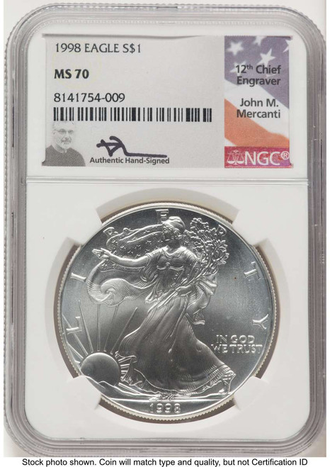 1998 S$1 American Silver Eagle Coin NGC MS70 coin front image