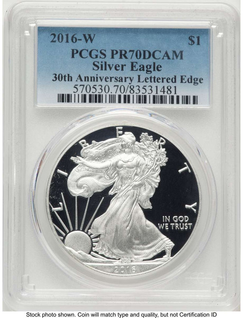 2016-W S$1 Proof American Silver Eagle Coin PCGS PR70 DCAM - Lettered Edge - 30th Anniversary coin front image