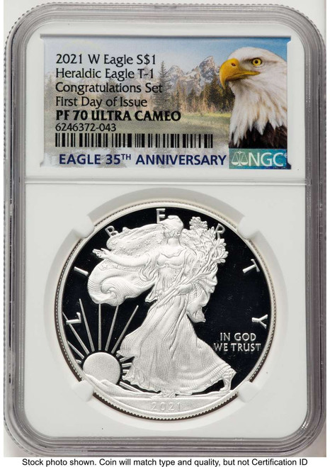 2021-W S$1 Proof American Silver Eagle Coin NGC PF70 UCAM - Type One - Congratulations Set - First Day of Issue coin front image