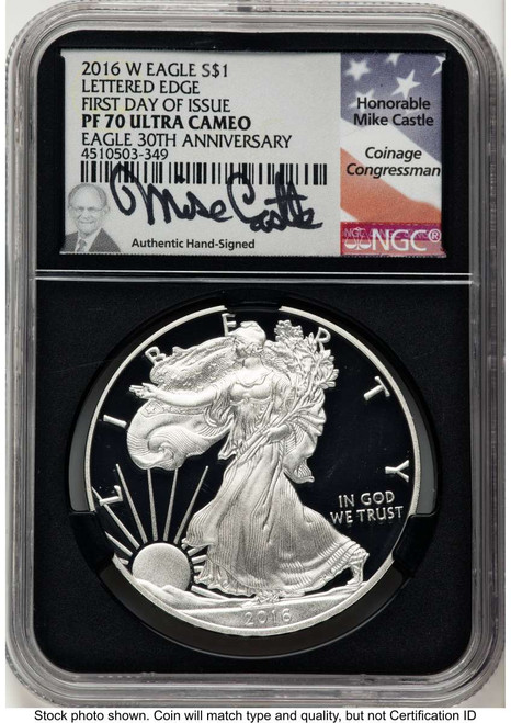 2016-W S$1 Proof American Silver Eagle Coin NGC PF70 UCAM - Lettered Edge - 30th Anniversary - First Day of Issue coin front image