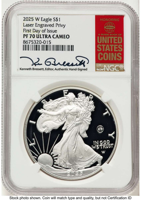 2025-W $1 Proof American Silver Eagle Coin NGC PF70 UCAM - Laser Privy - First Day of Issue coin front image