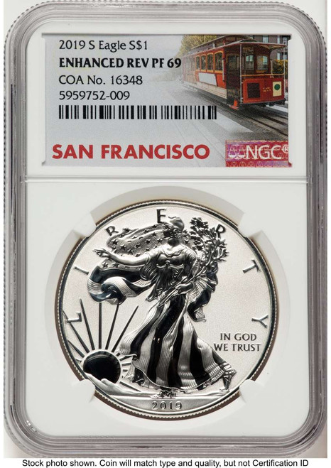 2019-S S$1 Reverse Proof American Silver Eagle Coin NGC rev PF69 - Enhanced coin front image