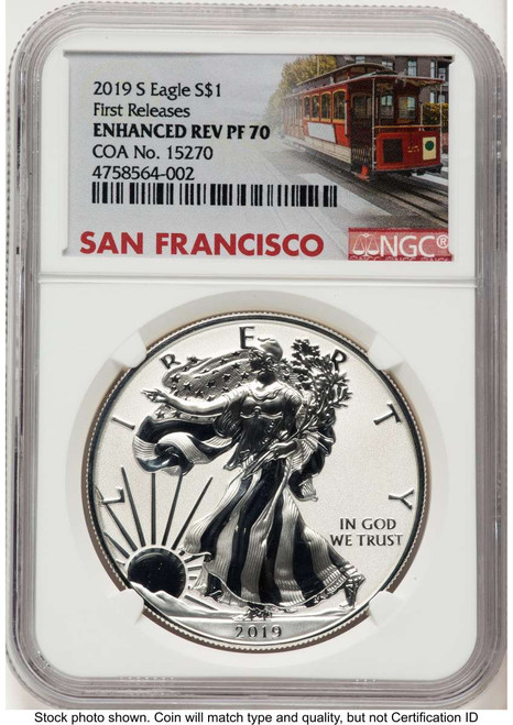 2019-S S$1 Reverse Proof American Silver Eagle Coin NGC rev PF70   Enhanced Rev PR - First Strike coin front image