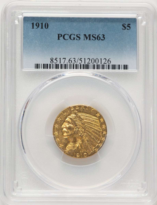 1910 $5 Indian Gold Half Eagle Coin PCGS MS63 coin front image