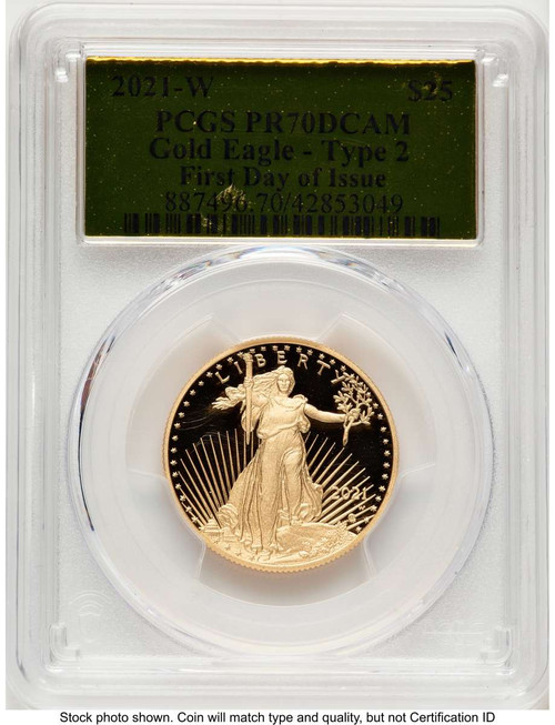 2021-W G$25 Proof 1/2 oz American Gold Eagle Coin PCGS PR70 DCAM - Type Two - First Day of Issue coin front image