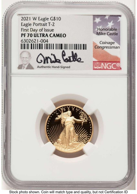 Bullionshark 2021-W G$10 Proof 1/4 oz American Gold Eagle Coin NGC PF70 UCAM - Type Two - First Day of Issue - HAT788390064 