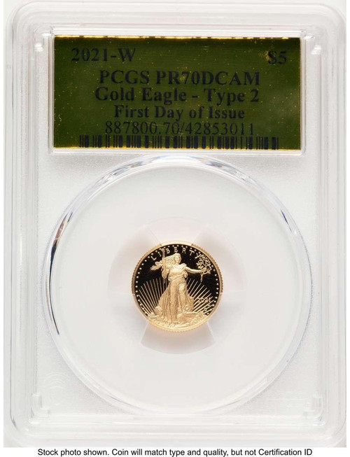Bullionshark 2021-W G$5 Proof 1/10 oz American Gold Eagle Coin PCGS PR70 DCAM - Type Two - First Day of Issue - HAT788390057 