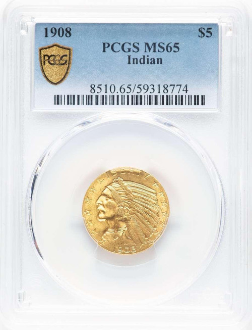 Bullionshark 1908 $5 Indian Gold Half Eagle Coin PCGS MS65 - HAT784493037 