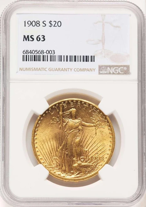 Bullionshark 1908-S $20 Saint Gaudens Double Eagle NGC MS63 - HAT781734001 