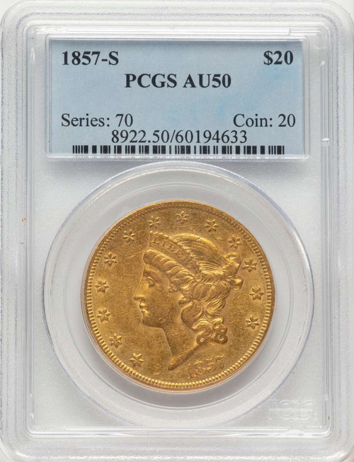 1857-S $20 Liberty Gold Double Eagle PCGS AU50 coin front image