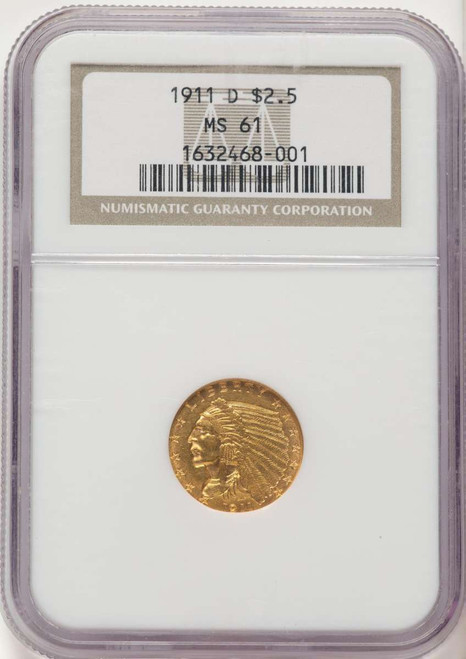 1911-D $2.5 Indian Gold Quarter Eagle Coin NGC MS61 coin front image